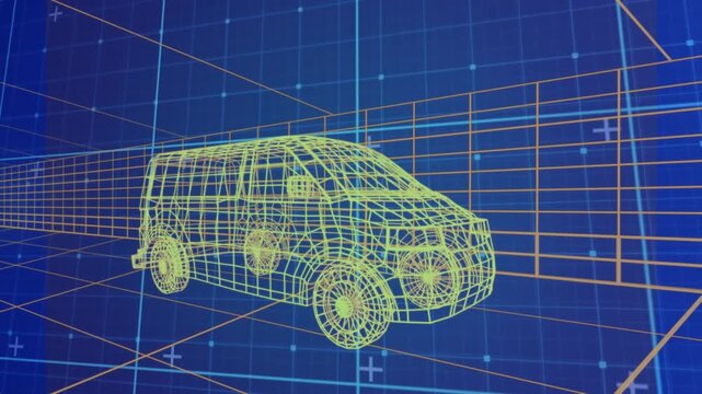 Animation of data processing and shapes over digital car on blue background