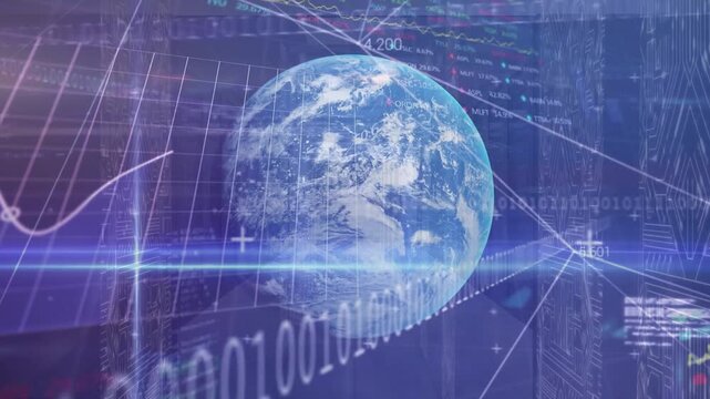 Animation of financial data processing binary coding data and globe over grid