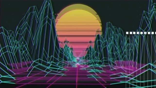 Animation of digital mountains and sun on black background