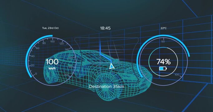 Animation of digital dashboard data processing over car icon in seamless pattern