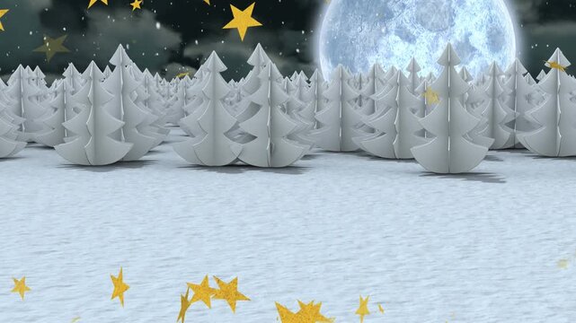 Animation of snow falling and stars over winter landscape