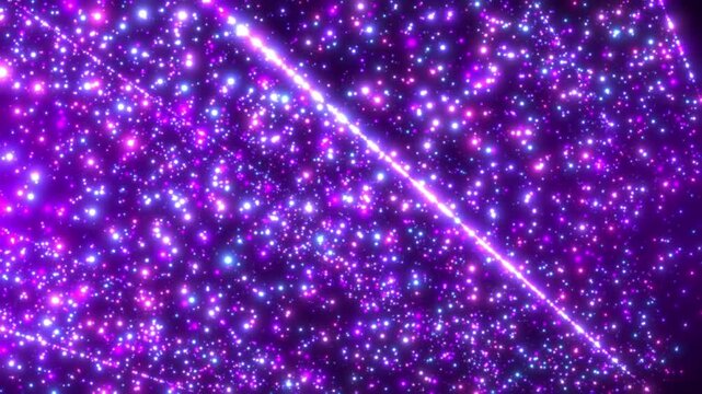 Purple star field with glowing particles and a bright diagonal light beam, creating a vibrant cosmic background with depth and dynamic motion.