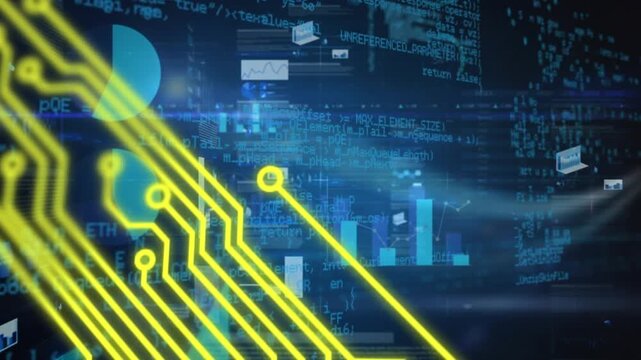 Animation of yellow computer motherboard and data processing on blue background