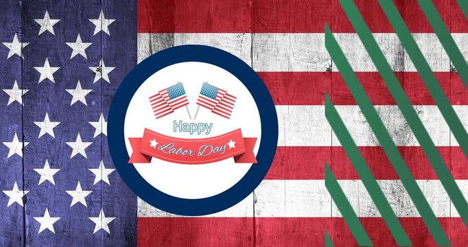 Animation of hapy labor day over flag of usa and green lines