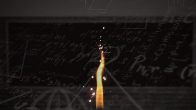 Animation of burning flame over mathematical equations and diagrams against black background