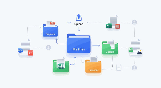 A graphic representation of a digital file organization system with a central blue folder labeled 'My Files' and various colored folders and documents connected to it in a flowchart style