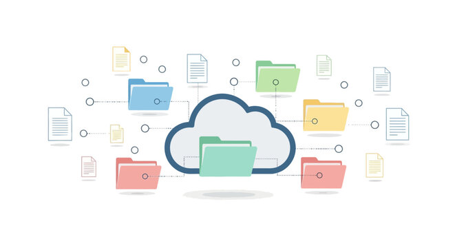 Illustration of a cloud with interconnected folders and documents in various colors against a clean white background.