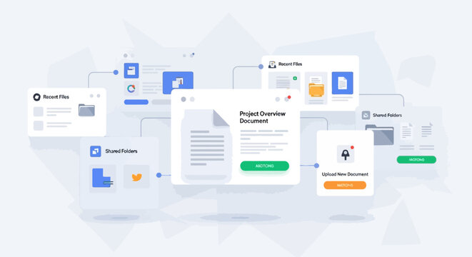 A collection of digital business documents and folders with various icons on a light gray background with a shallow depth of field.