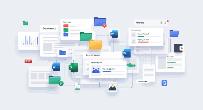 A collection of business documents and folders with various colorful icons and graphs on a light gray background, showcasing a mix of digital and physical office supplies.