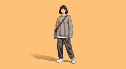 A young woman in casual style clothing stands confidently against a vibrant orange background with a slung bag over her shoulder. © Felisha