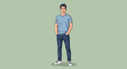 Illustration of a young man in casual style standing with hands in pockets against a muted green background with a minimalist aesthetic.