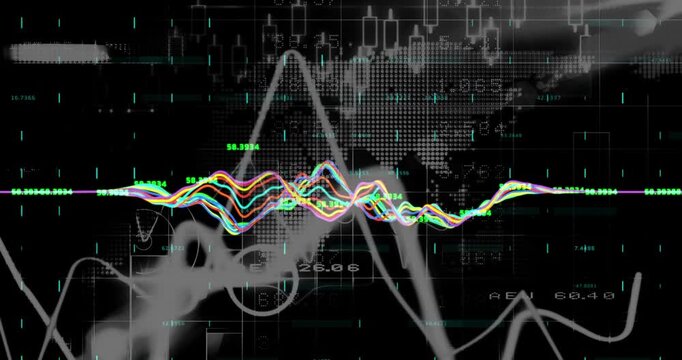 Animation of multicolored graphs, blockchains and numbers against abstract background