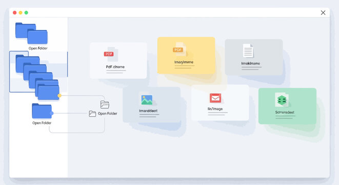 A computer screen displays a digital workspace with various file icons, including a business document and folder, in a clean and organized layout with a subtle gradient background.