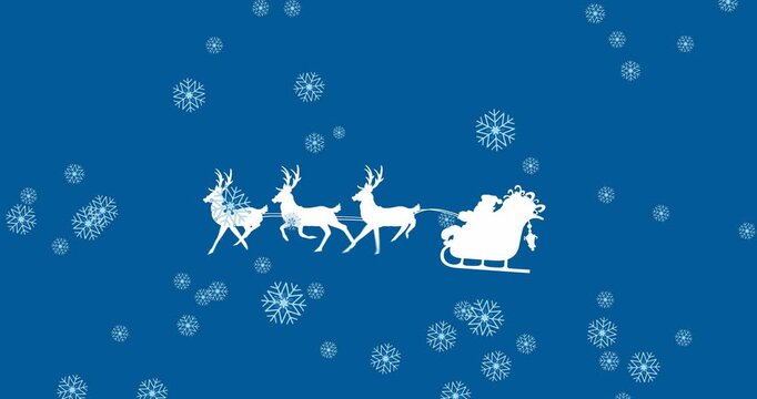 Animation of falling snow over santa claus in sleigh with reindeer