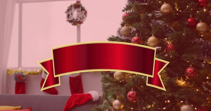 Animation of happy holidays text over christmas tree with decorations