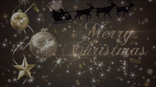 Animation of santa claus in sleigh with reindeer over snow falling and christmas text and baubles
