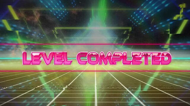 Animation of level completed text over grid network against triangular shapes in seamless pattern