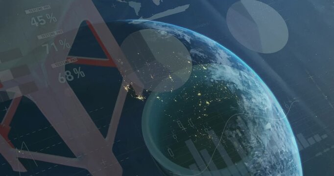 Animation of statistical data processing over globe against close up of stool and bucket