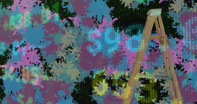 Animation of stock market data processing against wooden step ladder and colorful paint stains