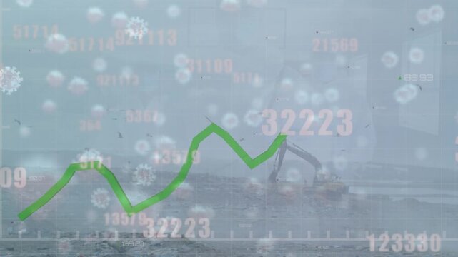 Animation of statistical data processing and covid-19 cells against crane operating in junkyard