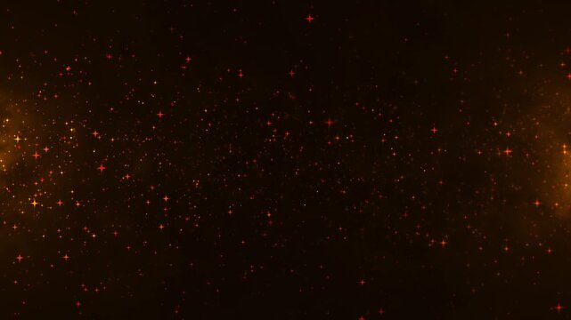 Glowing orange particles drift across a dark background, creating a warm cosmic atmosphere with sparkling stars, depth, and smooth abstract motion.
