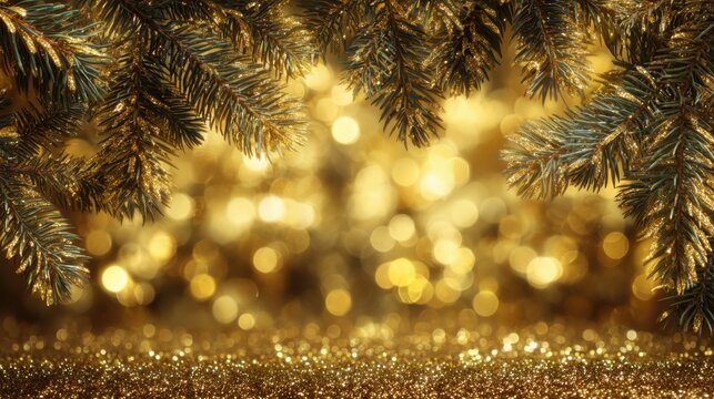 Beautiful Christmas Background with Golden Bokeh Lights and Evergreen Pine Branches for Festive Celebrations and Events