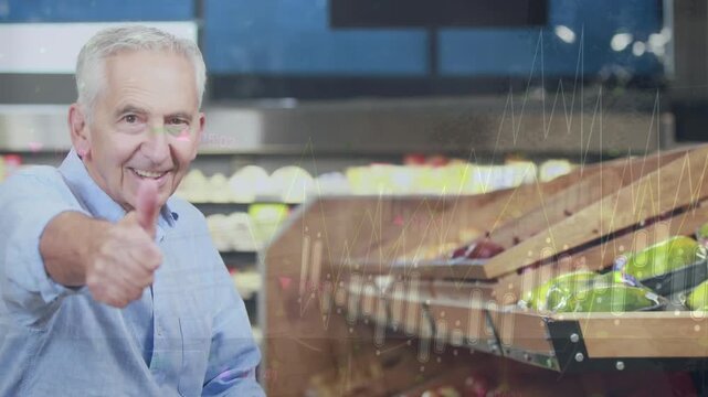 Animation of financial dat processing over caucasian senior man shopping