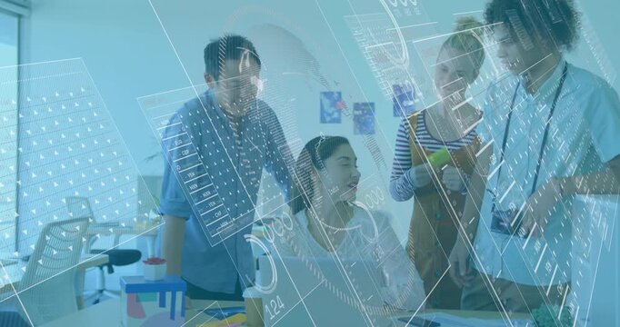 Animation of financial data processing over diverse business people working at office