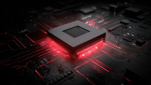 Abstract close-up view of a computer circuit board with glowing red lines and a microprocessor in a dark environment