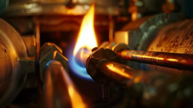 The bright flame of a gas burner heats a copper pipe during the soldering process; an industrial backdrop for plumbing instructions or an advertisement for professional tools
