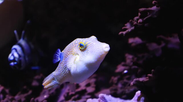 Close up of Suitcase-fish also trunkfish swimming around slowly beside a coral reef underwater.