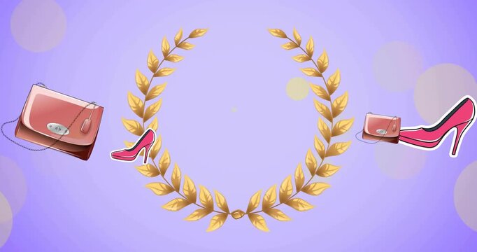 Animation of handbags and high heeled shoes over gold laurel wreath on lilac