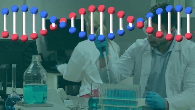 Animation of dna strand over diverse scientists working in lab