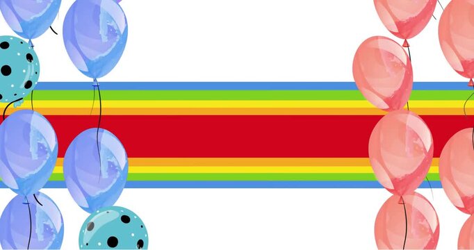 Animation of happy rainbow heart and colourful balloons on rainbow background