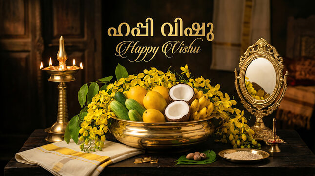 Happy Vishu Golden Kani with Valkannadi Mirror Fruits Flowers and Lamp Traditional Kerala Festival Cultural Setup