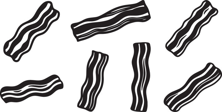 Black Solid Bacon Silhouettes Set of Six on White Background