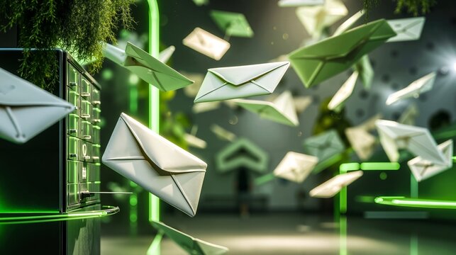 A bunch of white envelopes flying out of a green mailbox
