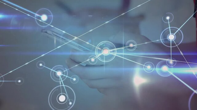 Network of connections and data processing animation over person using smartphone
