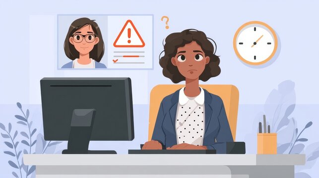 A cartoon woman looking concerned sits at a desk with a computer displaying a warning sign.