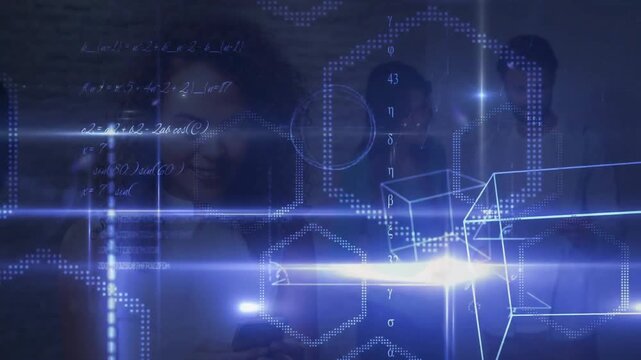 Seated woman summoning blue glow and displaying rotating holo shapes for tech demo