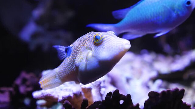 Close up of Suitcase-fish also trunkfish swimming around slowly beside a coral reef underwater.