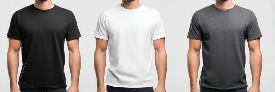 Three Men in Blank T-Shirts: White, Black, and Heather Gray Plain Apparel Mockup for Customizable Design and Branding on a Clean Background
