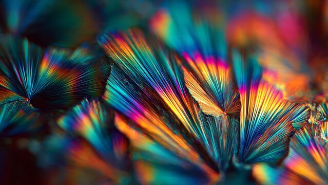 Polarized light birefringence abstract macro with colorful crystal interference pattern for scientific background and optical texture