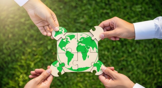 Global collaboration hands forming a green planet symbolizing environmental unity and sustainability