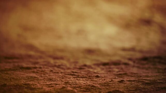 Cinematic front close-up of dust moving across dry soil under wind. Fine particles swirl in the air, revealing rich texture in dramatic natural light.
