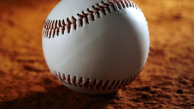 Cinematic close-up of a baseball resting on dusty ground as a gust of wind lifts dirt and particles around it. Dramatic lighting enhances texture and atmosphere.