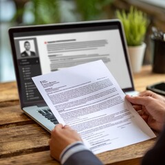 Obraz premium A person holds a printed resume over a laptop displaying a digital version.