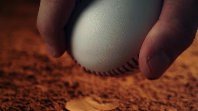 Cinematic close-up of a baseball resting on dusty ground as a player&rsquo;s hand picks it up. Slow motion reveals fine dust particles and rich texture under dramatic lighting.