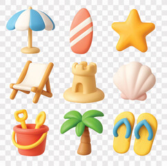 Summer Beach Vacation Vector Icon Set   3D icon set   beach umbrella, surfboard, starfish, deck chair, sandcastle, seashell, bucket and spades, palm tree, and flip-flops © Dian