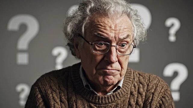 A senior man with glasses and question marks in the background looks puzzled in this video